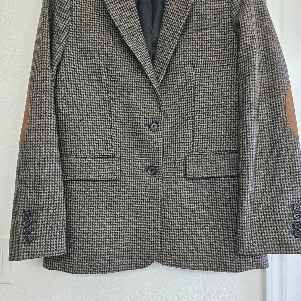 Zara Wool Blend Blazer Sz M Brown Houndstooth Plaid Tailored Career Old Money - Picture 4 of 16